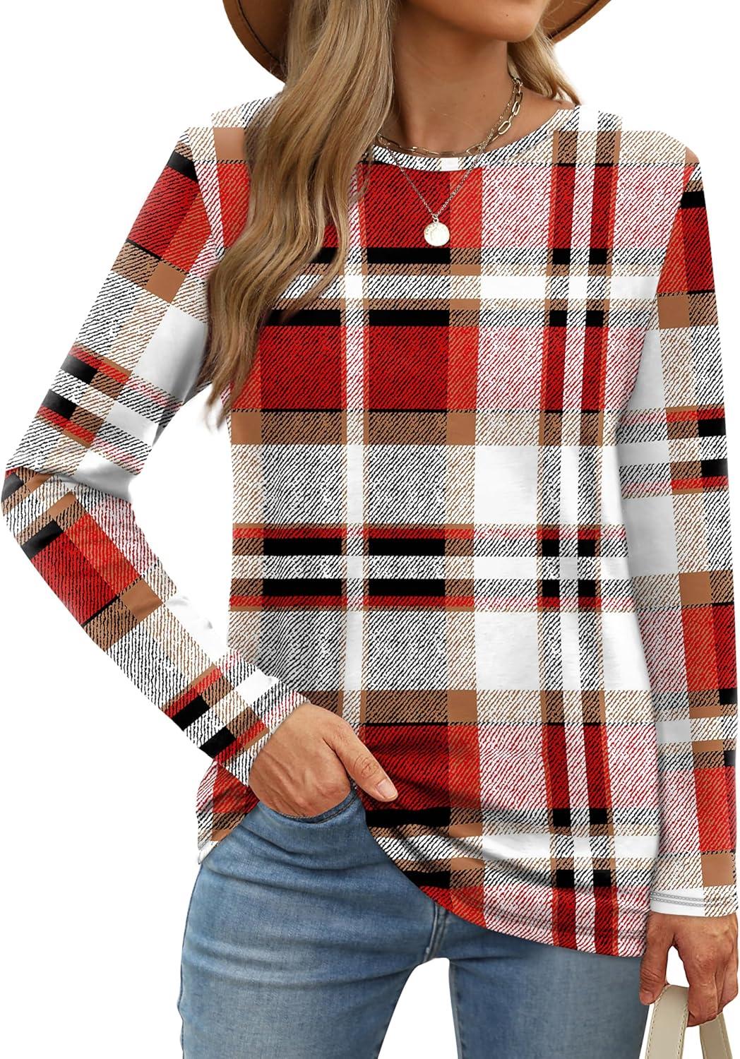 imageXIEERDUO Long Sleeve Shirts for Women Casual Crew Neck Basic Fall Tops Loose Fit ComfyD Red Plaid