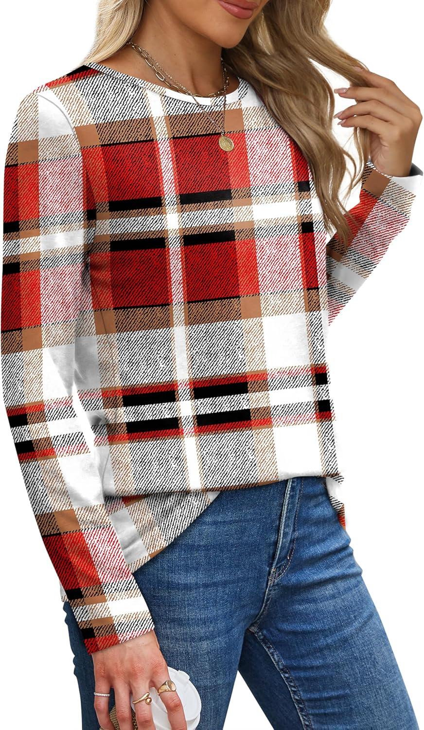 imageXIEERDUO Long Sleeve Shirts for Women Casual Crew Neck Basic Fall Tops Loose Fit ComfyD Red Plaid