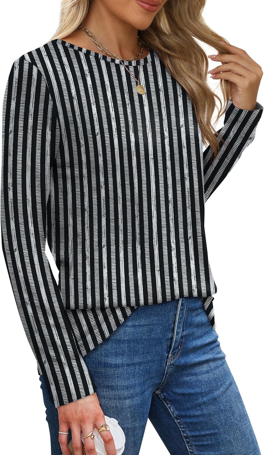 imageXIEERDUO Long Sleeve Shirts for Women Casual Crew Neck Basic Fall Tops Loose Fit ComfyD Striped