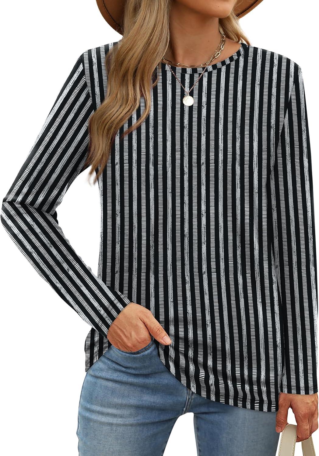 imageXIEERDUO Long Sleeve Shirts for Women Casual Crew Neck Basic Fall Tops Loose Fit ComfyD Striped