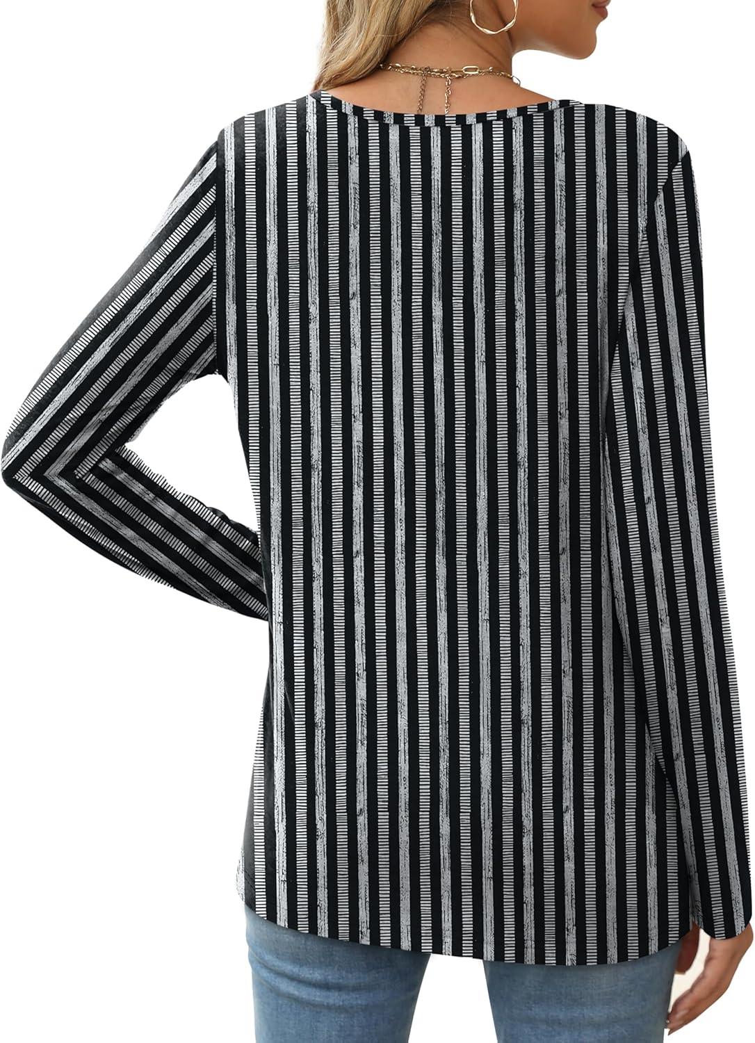 imageXIEERDUO Long Sleeve Shirts for Women Casual Crew Neck Basic Fall Tops Loose Fit ComfyD Striped