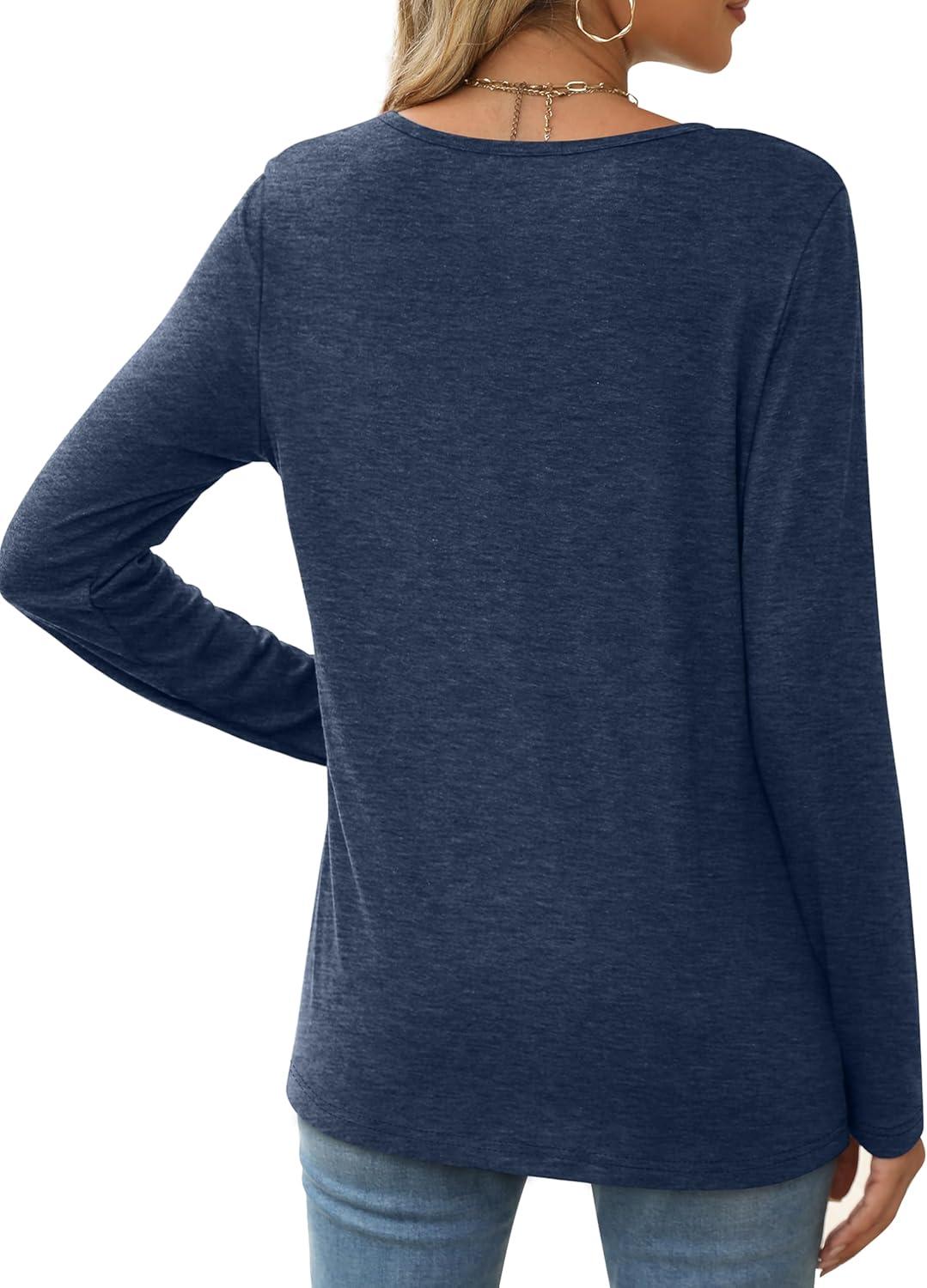 imageXIEERDUO Long Sleeve Shirts for Women Casual Crew Neck Basic Fall Tops Loose Fit ComfyDark Blue