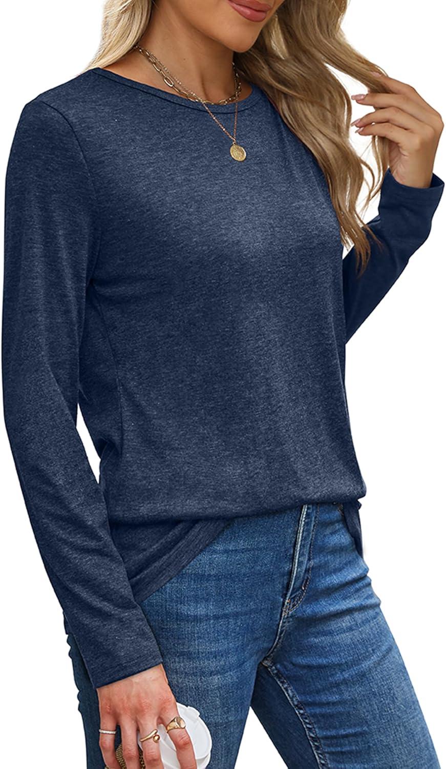 imageXIEERDUO Long Sleeve Shirts for Women Casual Crew Neck Basic Fall Tops Loose Fit ComfyDark Blue