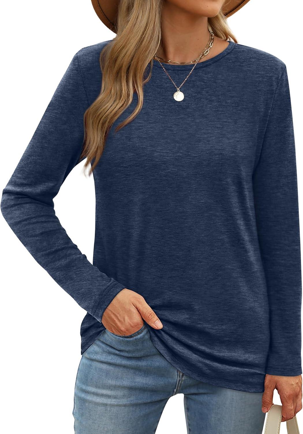 imageXIEERDUO Long Sleeve Shirts for Women Casual Crew Neck Basic Fall Tops Loose Fit ComfyDark Blue