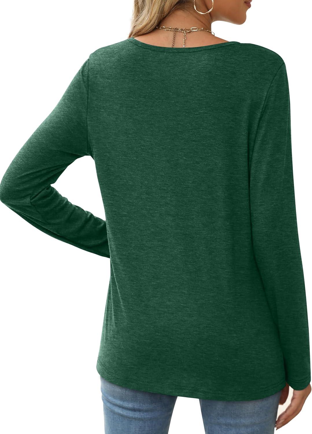 imageXIEERDUO Long Sleeve Shirts for Women Casual Crew Neck Basic Fall Tops Loose Fit ComfyDark Green