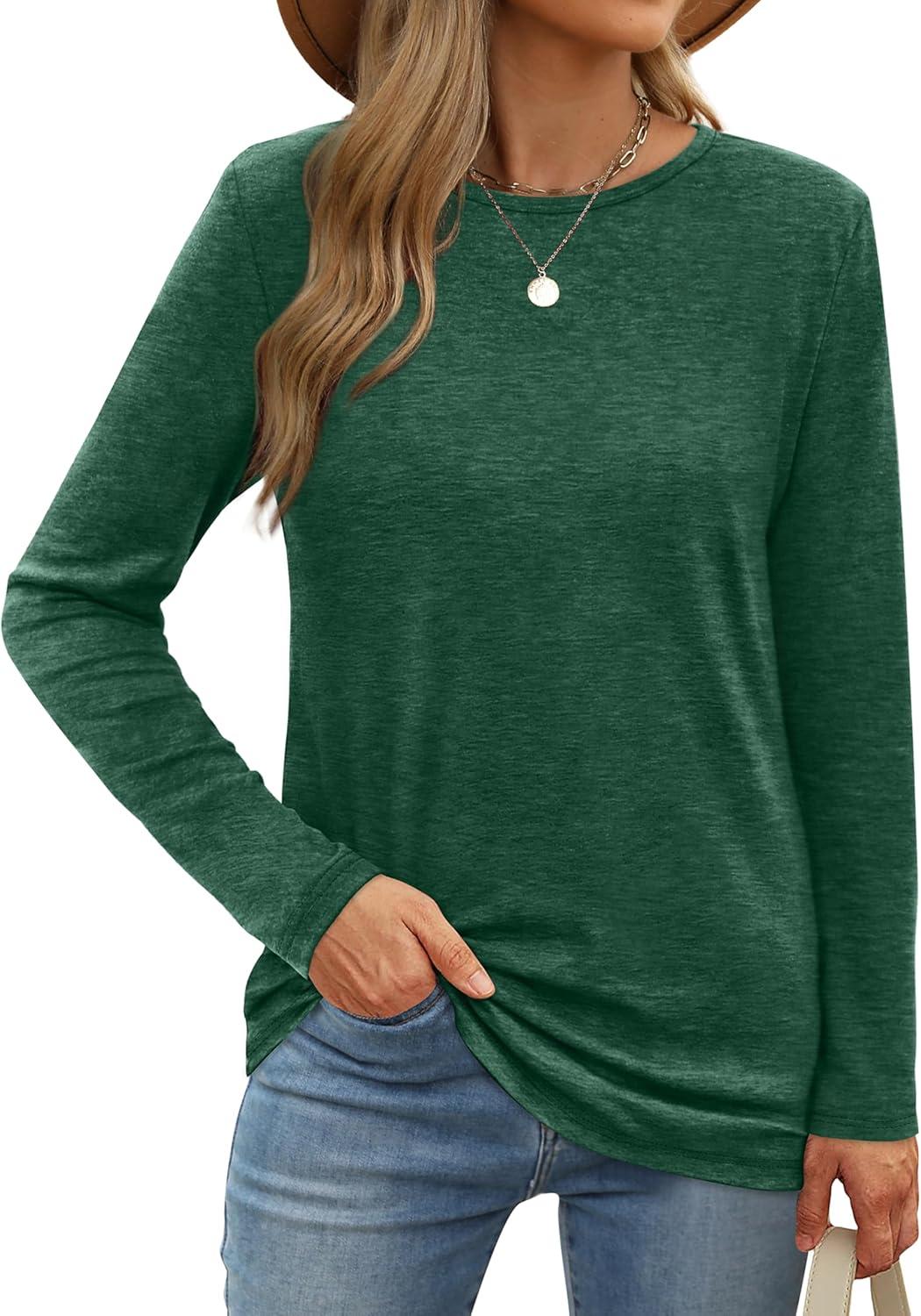 imageXIEERDUO Long Sleeve Shirts for Women Casual Crew Neck Basic Fall Tops Loose Fit ComfyDark Green