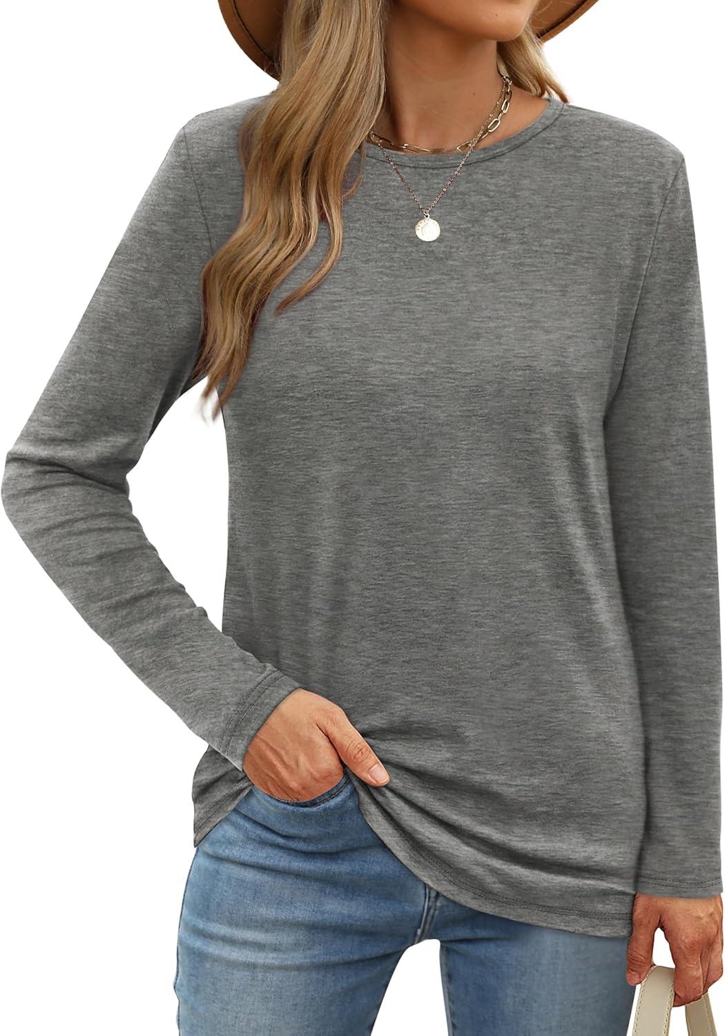 imageXIEERDUO Long Sleeve Shirts for Women Casual Crew Neck Basic Fall Tops Loose Fit ComfyGray
