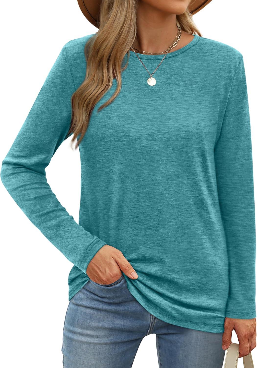 imageXIEERDUO Long Sleeve Shirts for Women Casual Crew Neck Basic Fall Tops Loose Fit ComfyGray Green