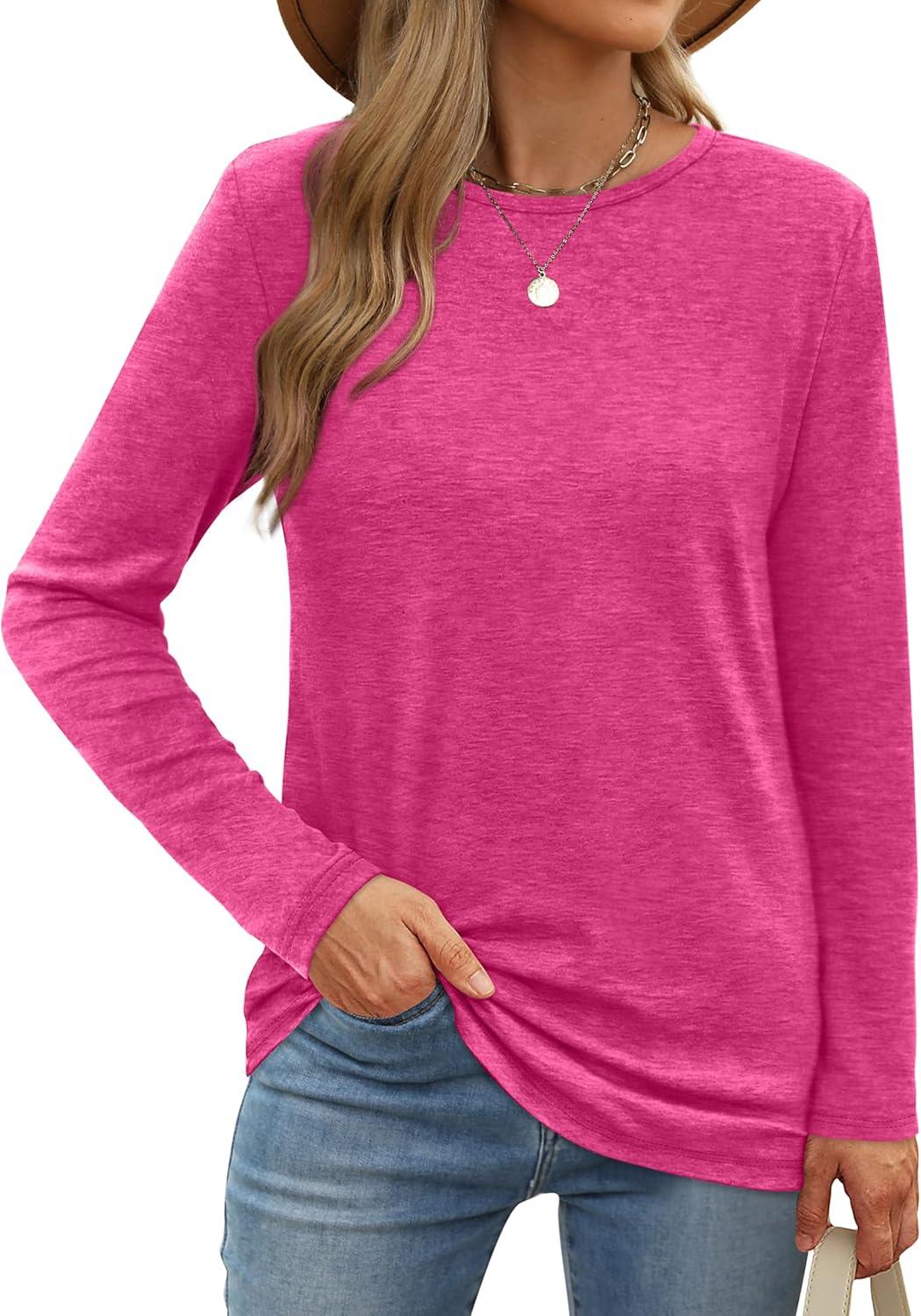 imageXIEERDUO Long Sleeve Shirts for Women Casual Crew Neck Basic Fall Tops Loose Fit ComfyHot Pink