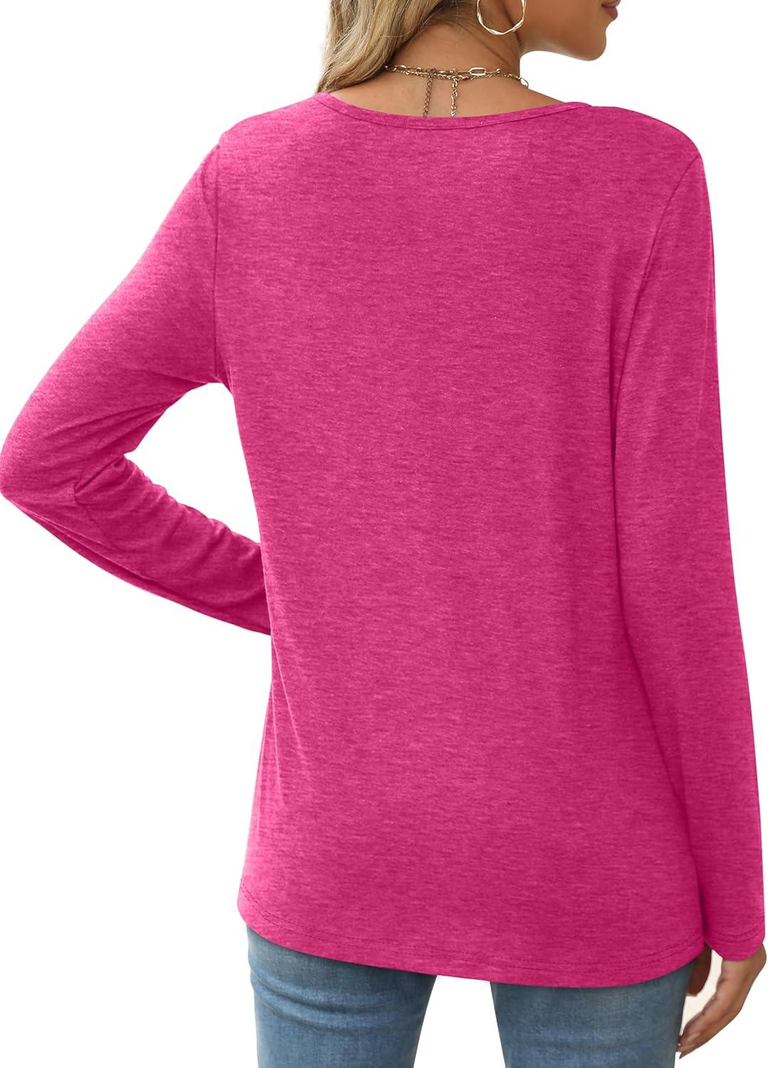 imageXIEERDUO Long Sleeve Shirts for Women Casual Crew Neck Basic Fall Tops Loose Fit ComfyHot Pink
