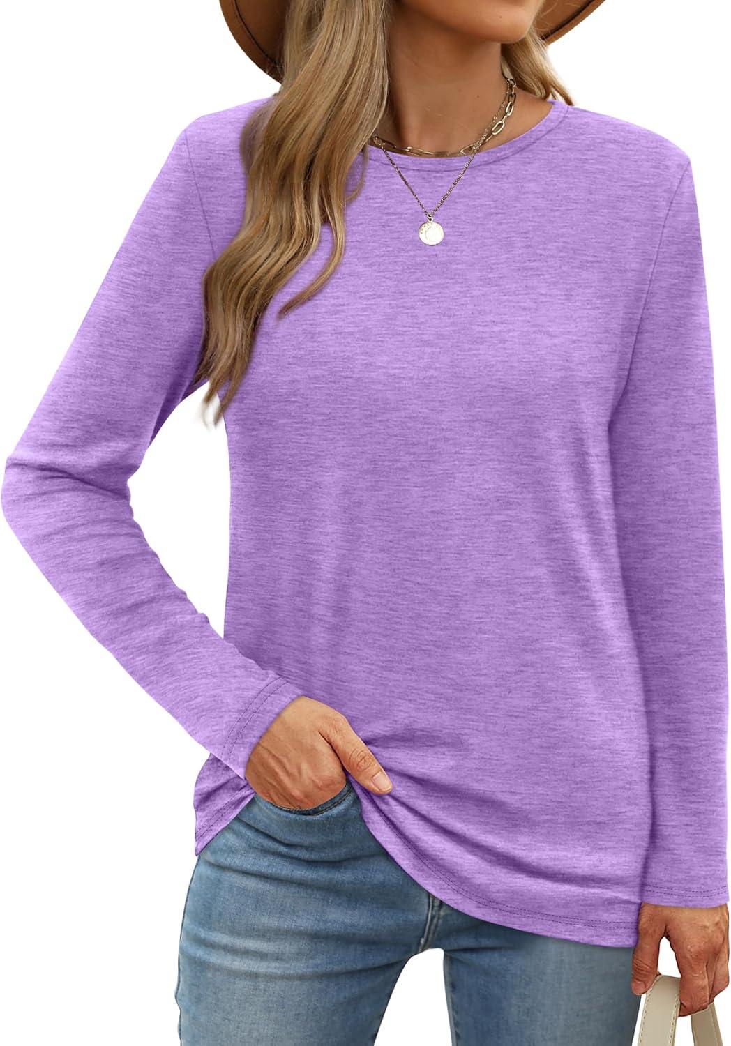 imageXIEERDUO Long Sleeve Shirts for Women Casual Crew Neck Basic Fall Tops Loose Fit ComfyLavender