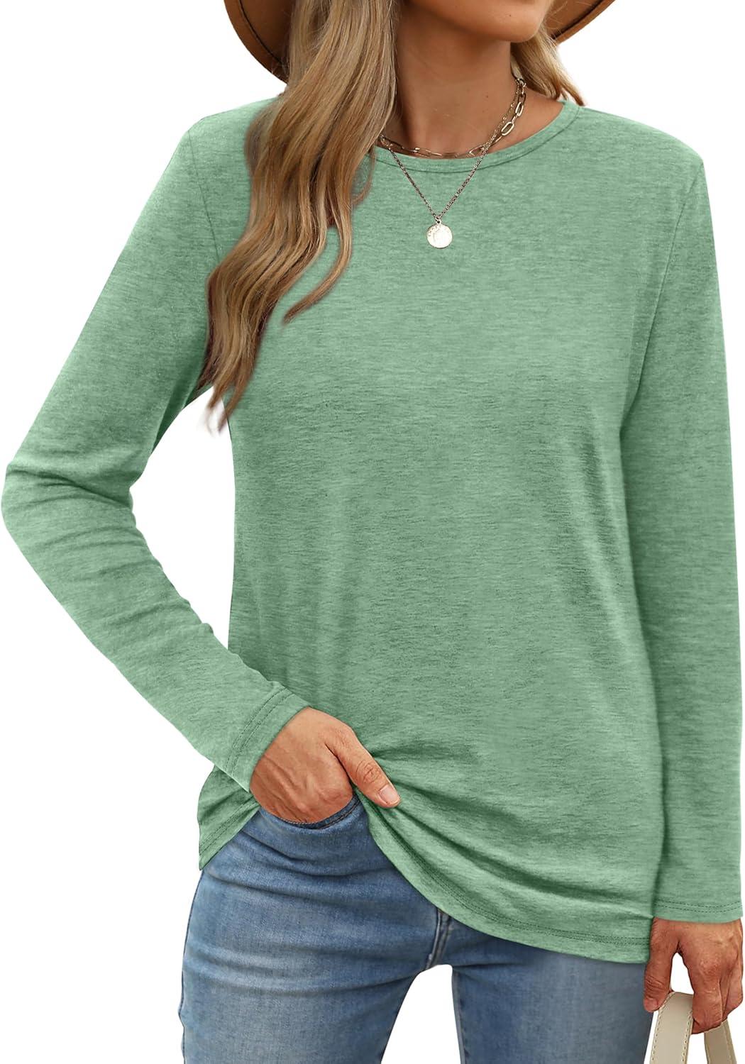 imageXIEERDUO Long Sleeve Shirts for Women Casual Crew Neck Basic Fall Tops Loose Fit ComfyLight Green