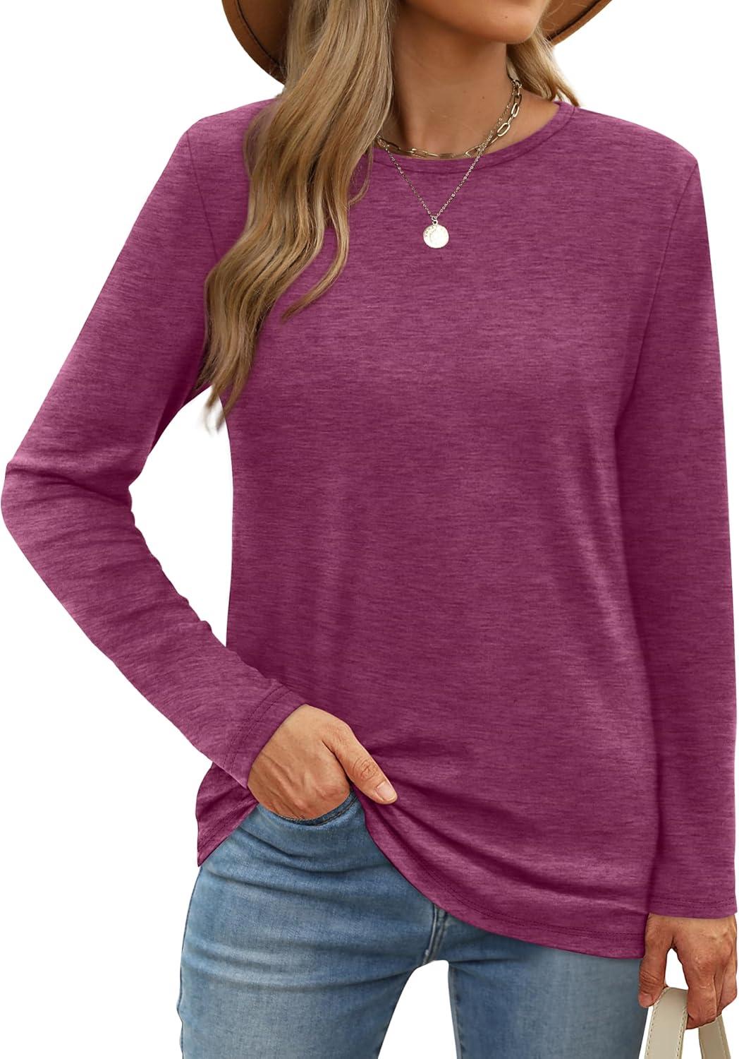 imageXIEERDUO Long Sleeve Shirts for Women Casual Crew Neck Basic Fall Tops Loose Fit ComfyMaroon