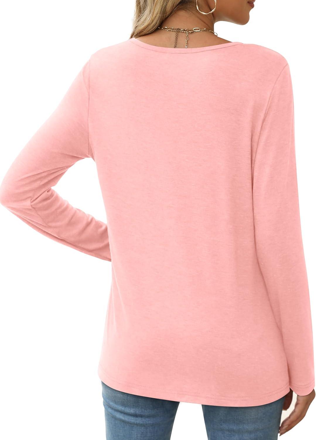 imageXIEERDUO Long Sleeve Shirts for Women Casual Crew Neck Basic Fall Tops Loose Fit ComfyPink
