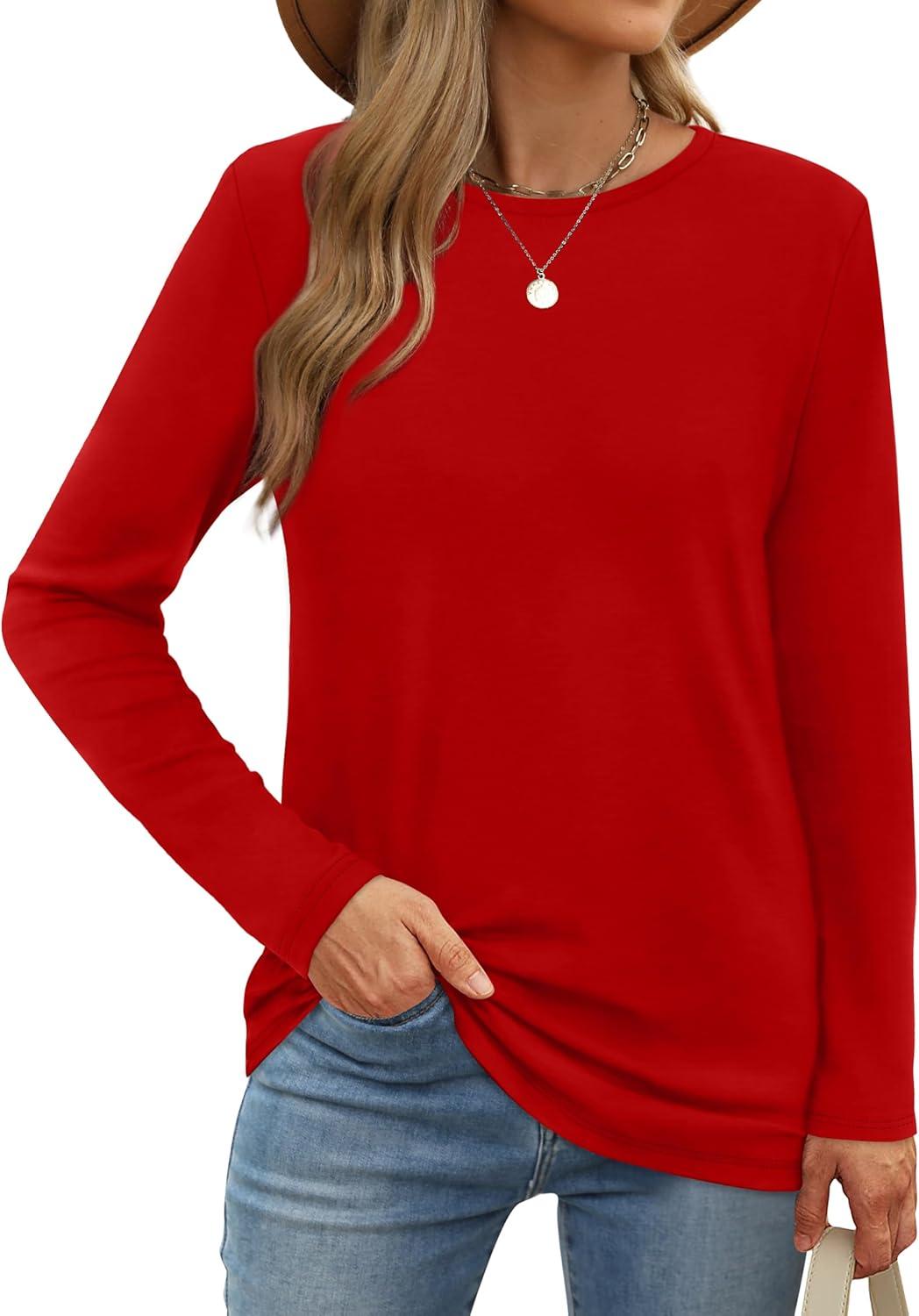 imageXIEERDUO Long Sleeve Shirts for Women Casual Crew Neck Basic Fall Tops Loose Fit ComfyRed