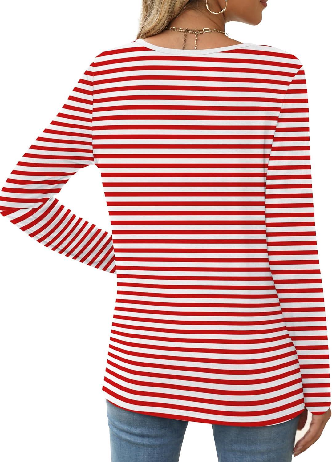 imageXIEERDUO Long Sleeve Shirts for Women Casual Crew Neck Basic Fall Tops Loose Fit ComfyRed Striped