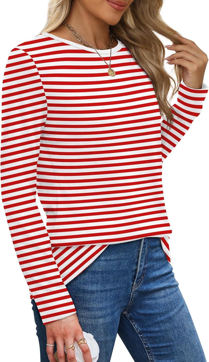 imageXIEERDUO Long Sleeve Shirts for Women Casual Crew Neck Basic Fall Tops Loose Fit ComfyRed Striped