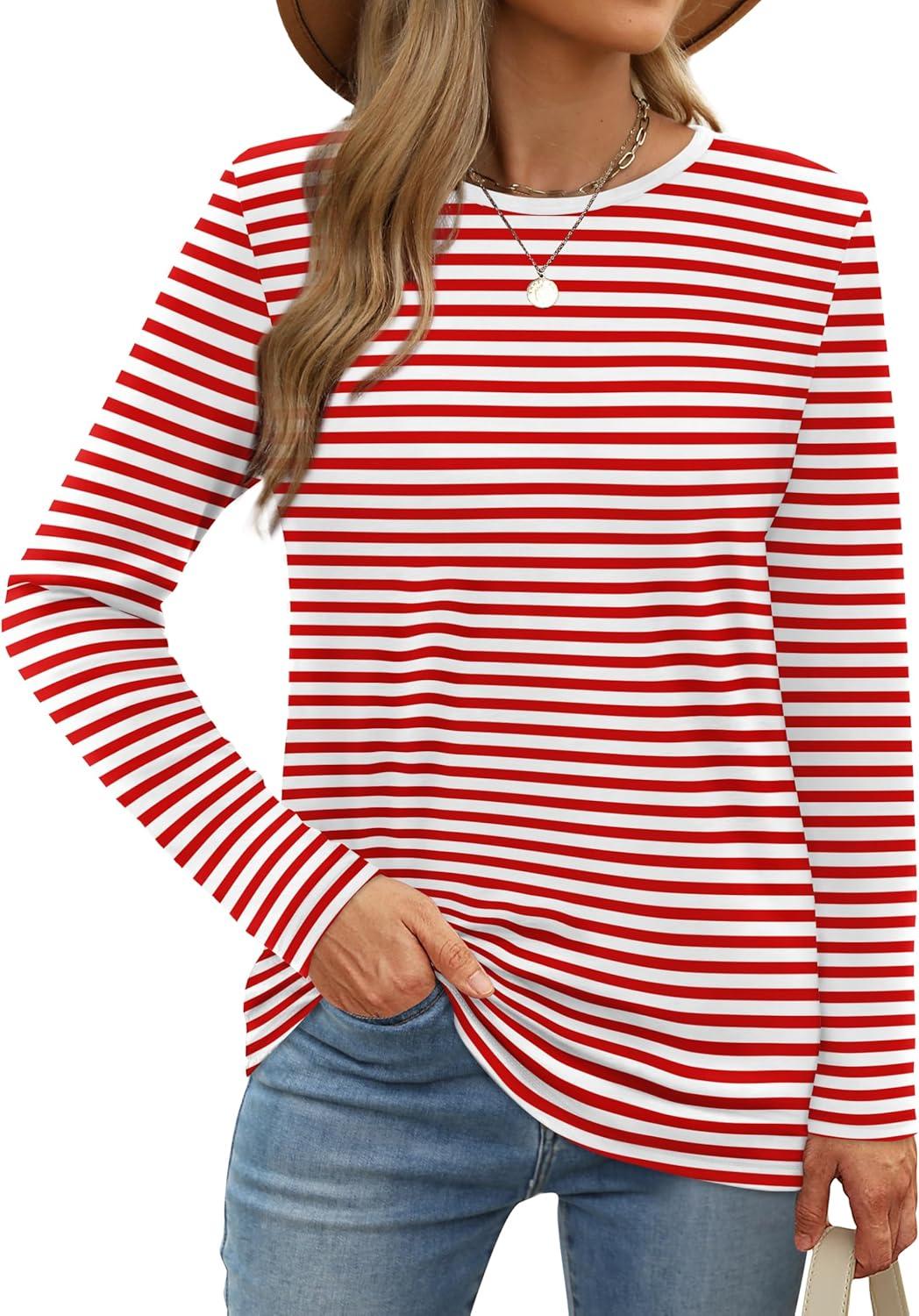 imageXIEERDUO Long Sleeve Shirts for Women Casual Crew Neck Basic Fall Tops Loose Fit ComfyRed Striped