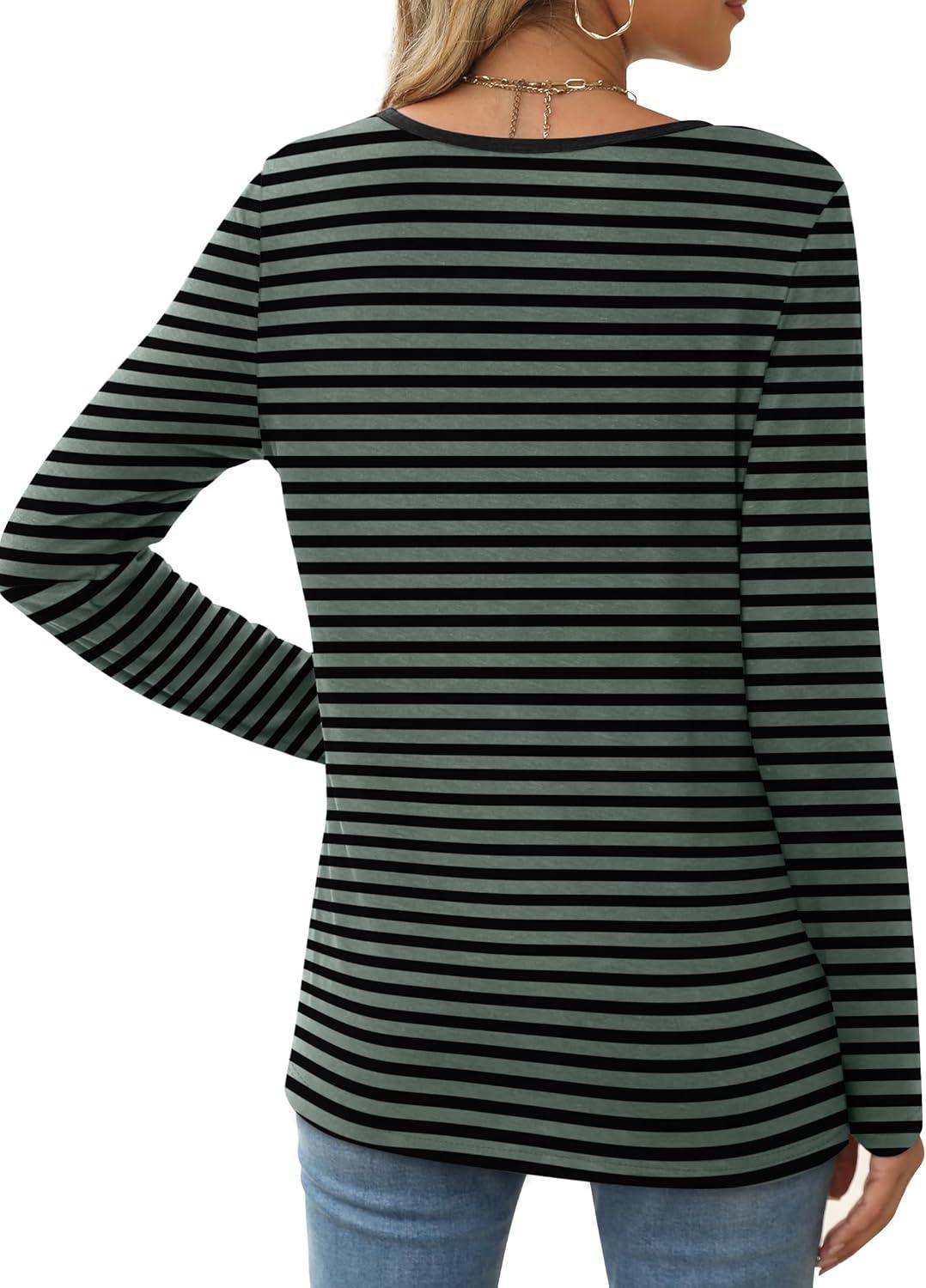 imageXIEERDUO Long Sleeve Shirts for Women Casual Crew Neck Basic Fall Tops Loose Fit ComfyStriped Green