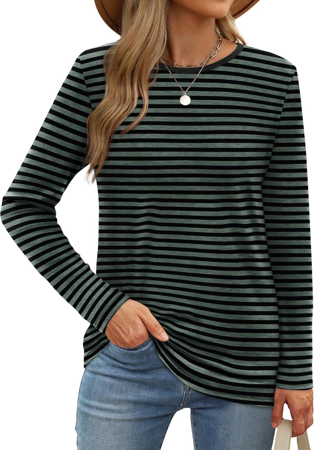 imageXIEERDUO Long Sleeve Shirts for Women Casual Crew Neck Basic Fall Tops Loose Fit ComfyStriped Green