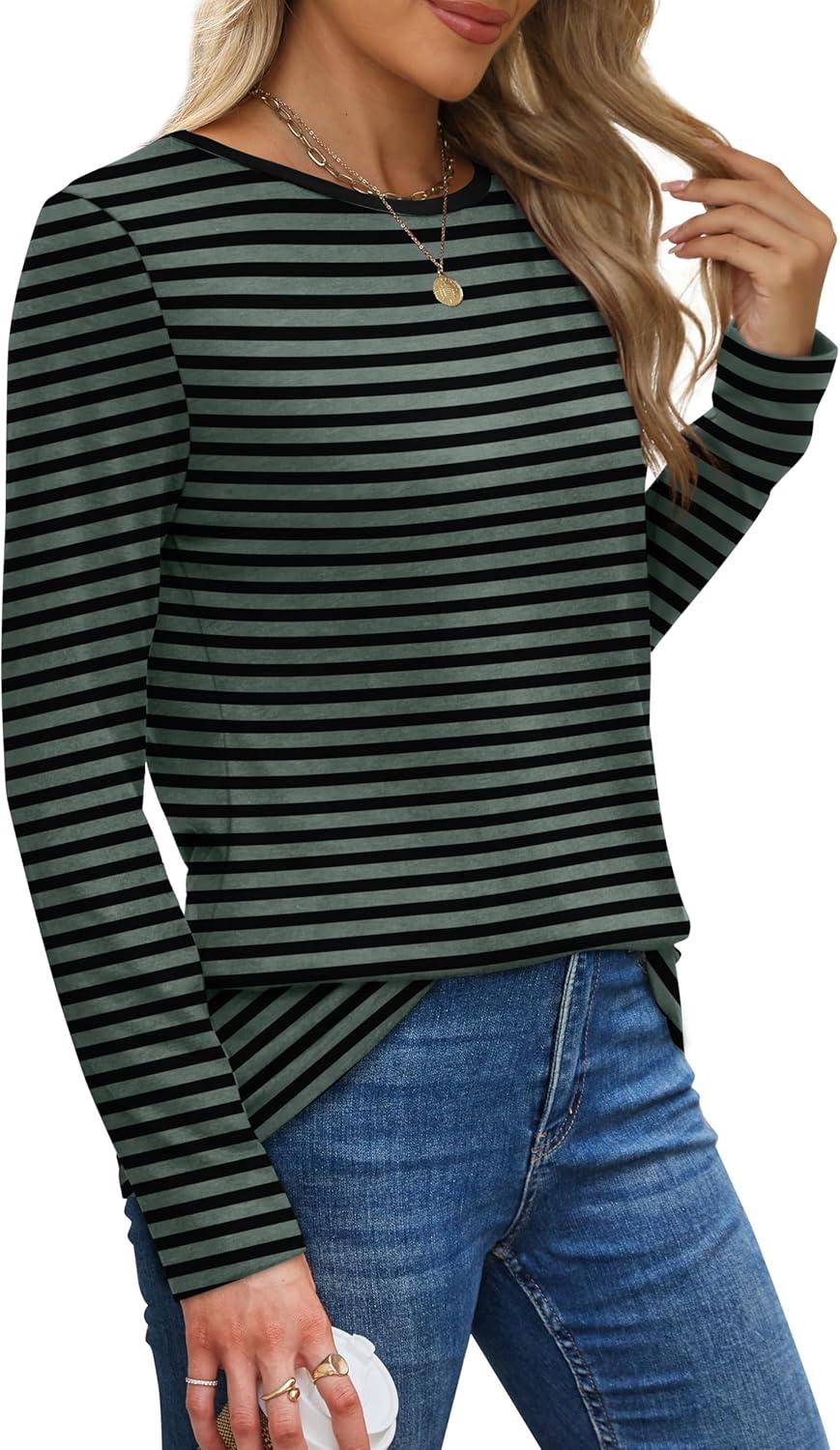 imageXIEERDUO Long Sleeve Shirts for Women Casual Crew Neck Basic Fall Tops Loose Fit ComfyStriped Green