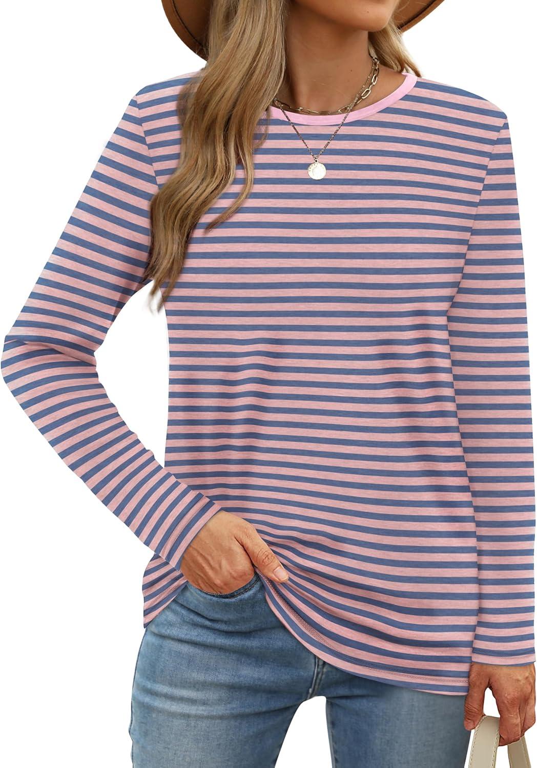 imageXIEERDUO Long Sleeve Shirts for Women Casual Crew Neck Basic Fall Tops Loose Fit ComfyStriped Pink