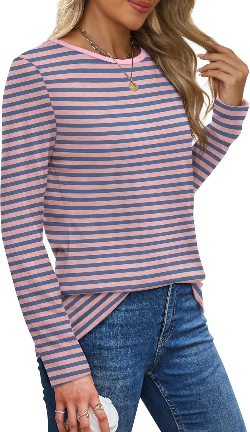 imageXIEERDUO Long Sleeve Shirts for Women Casual Crew Neck Basic Fall Tops Loose Fit ComfyStriped Pink