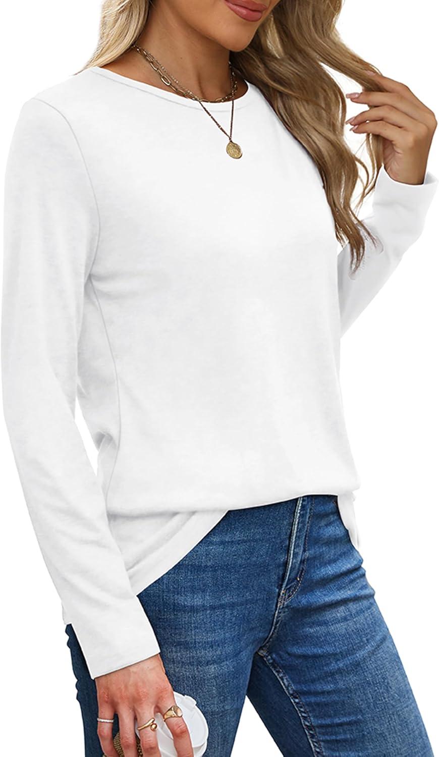 imageXIEERDUO Long Sleeve Shirts for Women Casual Crew Neck Basic Fall Tops Loose Fit ComfyWhite