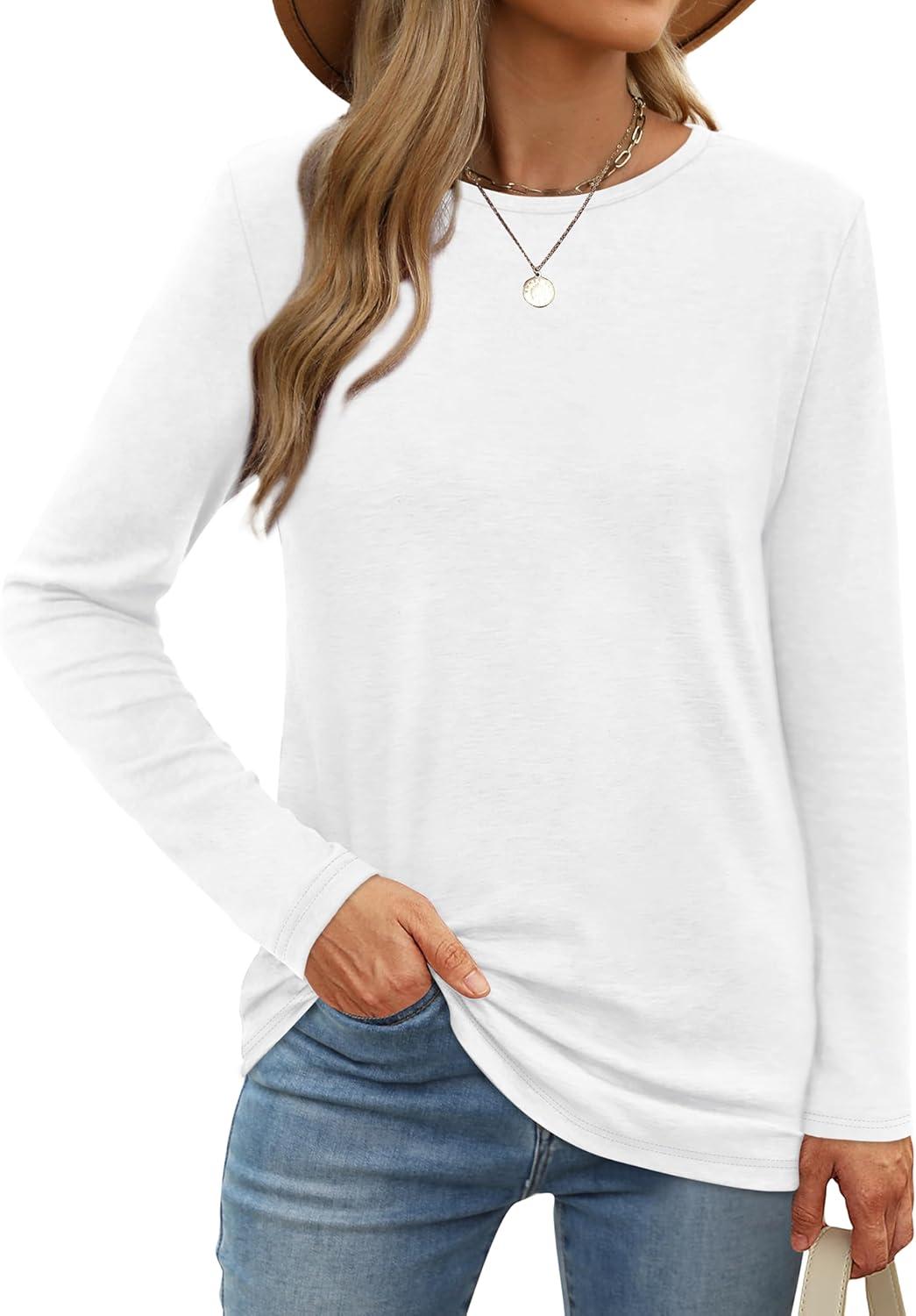 imageXIEERDUO Long Sleeve Shirts for Women Casual Crew Neck Basic Fall Tops Loose Fit ComfyWhite