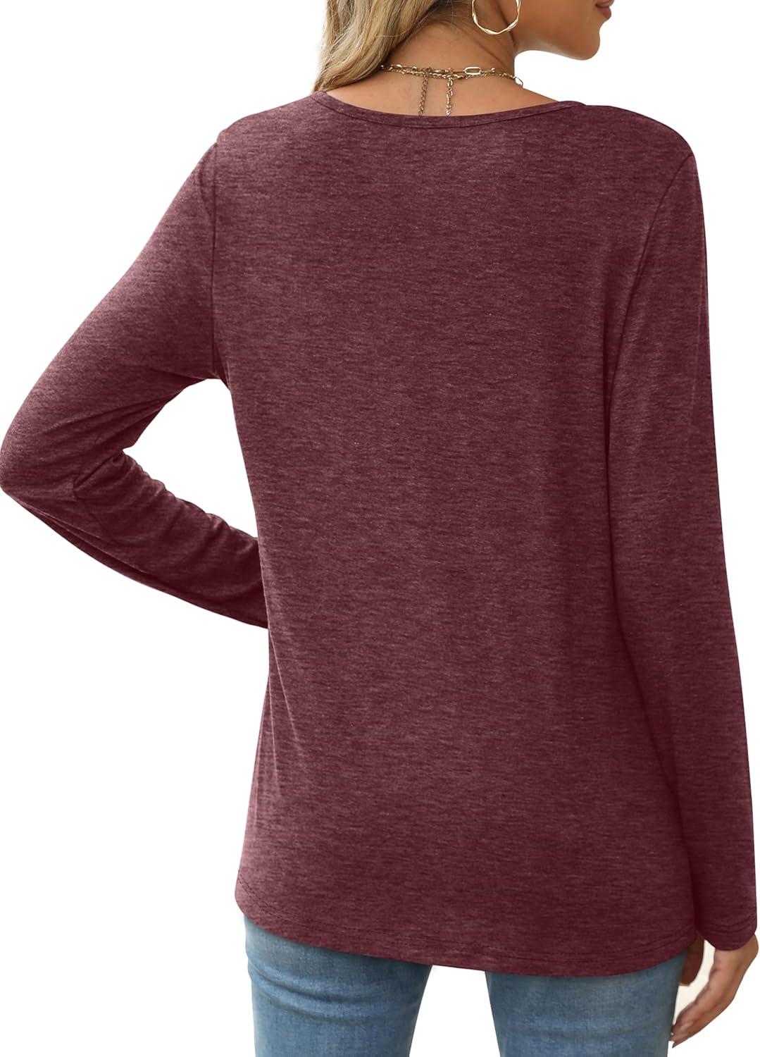 imageXIEERDUO Long Sleeve Shirts for Women Casual Crew Neck Basic Fall Tops Loose Fit ComfyWine Red