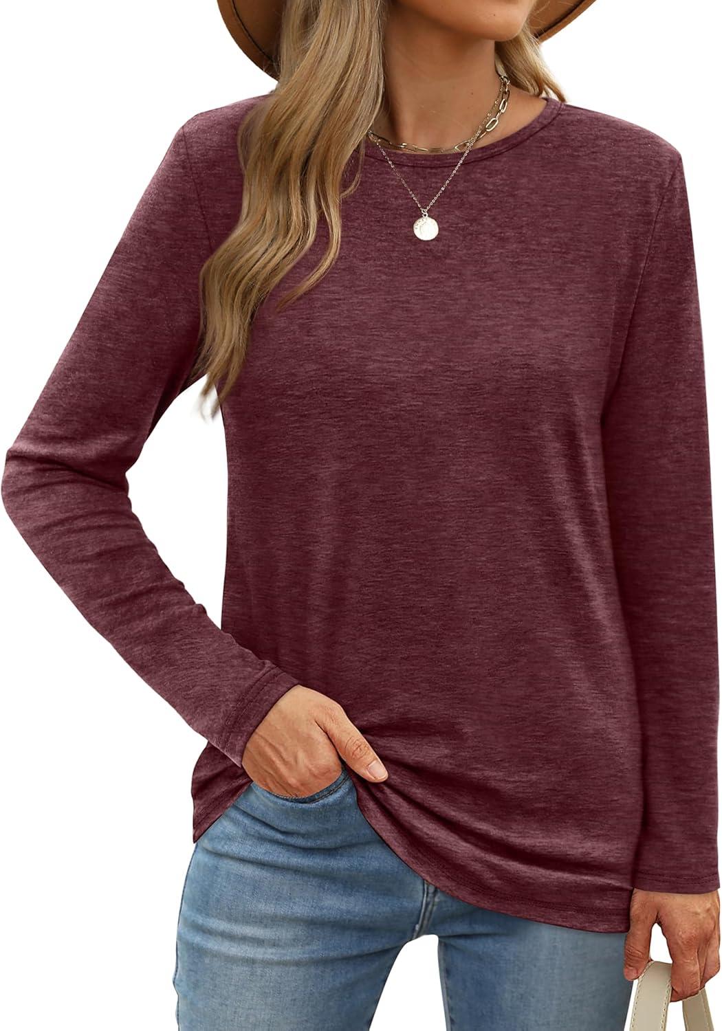 imageXIEERDUO Long Sleeve Shirts for Women Casual Crew Neck Basic Fall Tops Loose Fit ComfyWine Red