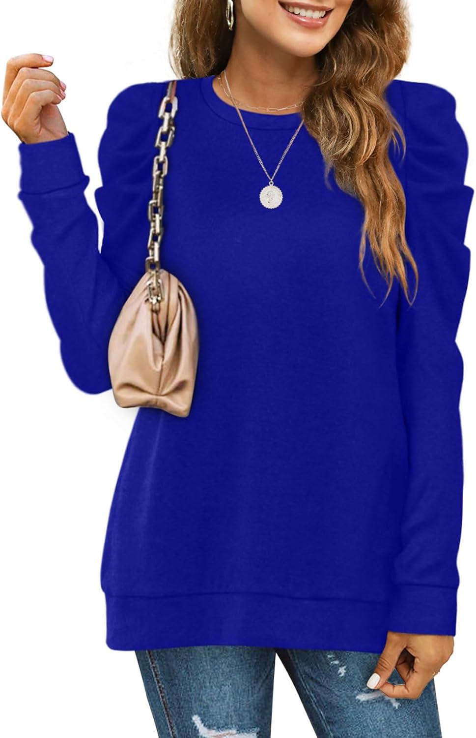 imageXIEERDUO Long Sleeve Shirts for Women Puff Sleeve Tops Pullover Sweaters Fall Fashion Womens Clothing Loose Fit01ablue