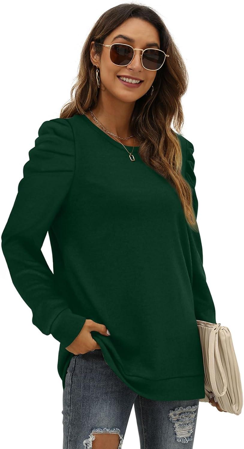 imageXIEERDUO Long Sleeve Shirts for Women Puff Sleeve Tops Pullover Sweaters Fall Fashion Womens Clothing Loose Fit01adark Green