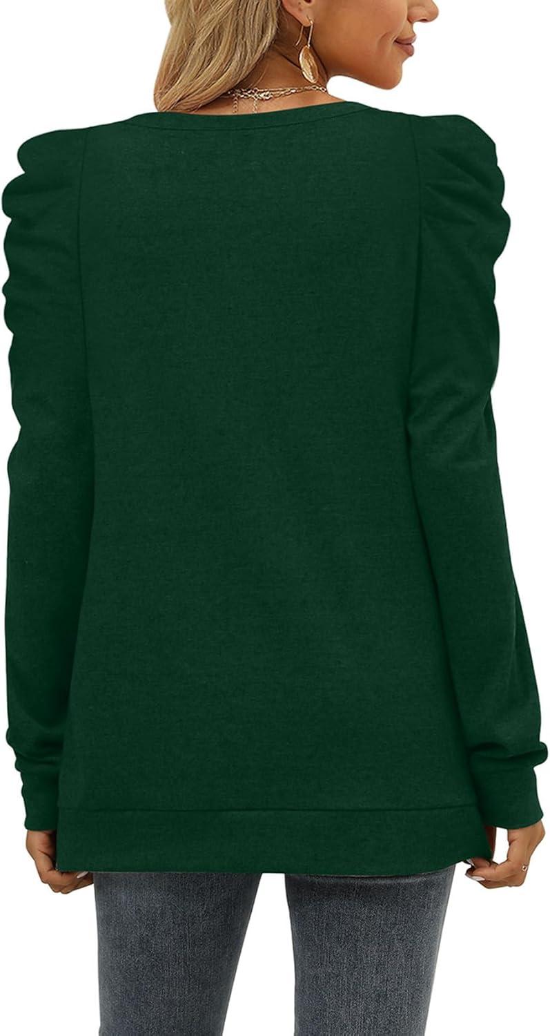 imageXIEERDUO Long Sleeve Shirts for Women Puff Sleeve Tops Pullover Sweaters Fall Fashion Womens Clothing Loose Fit01adark Green