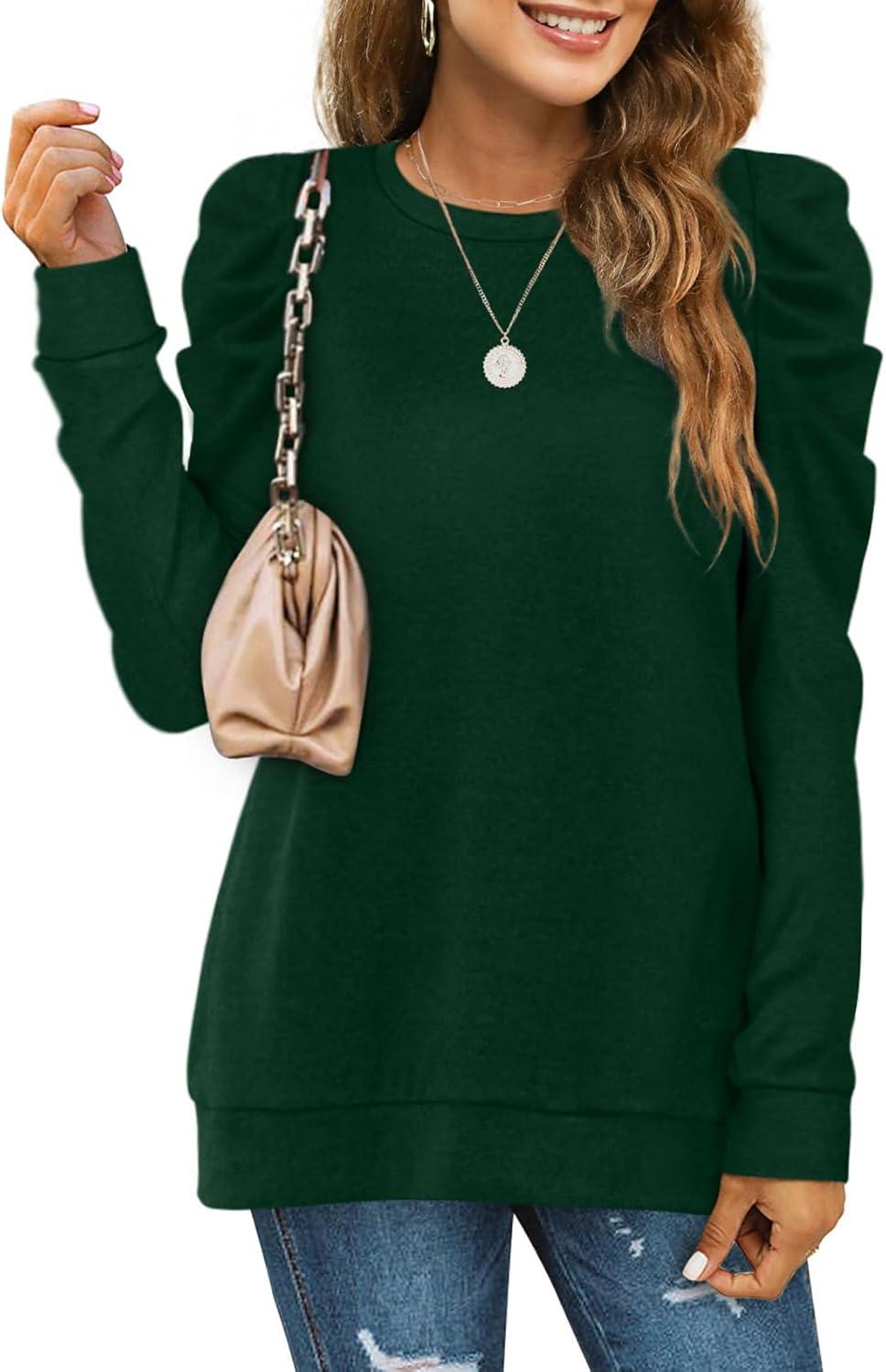 imageXIEERDUO Long Sleeve Shirts for Women Puff Sleeve Tops Pullover Sweaters Fall Fashion Womens Clothing Loose Fit01adark Green