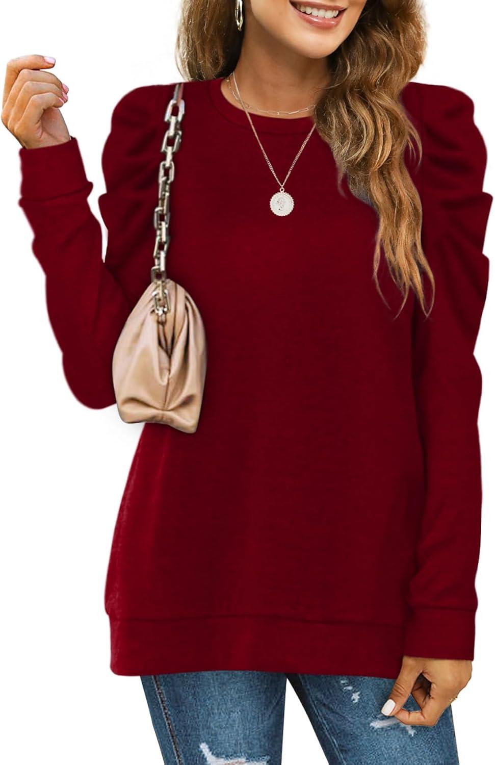 imageXIEERDUO Long Sleeve Shirts for Women Puff Sleeve Tops Pullover Sweaters Fall Fashion Womens Clothing Loose Fit01adark Red