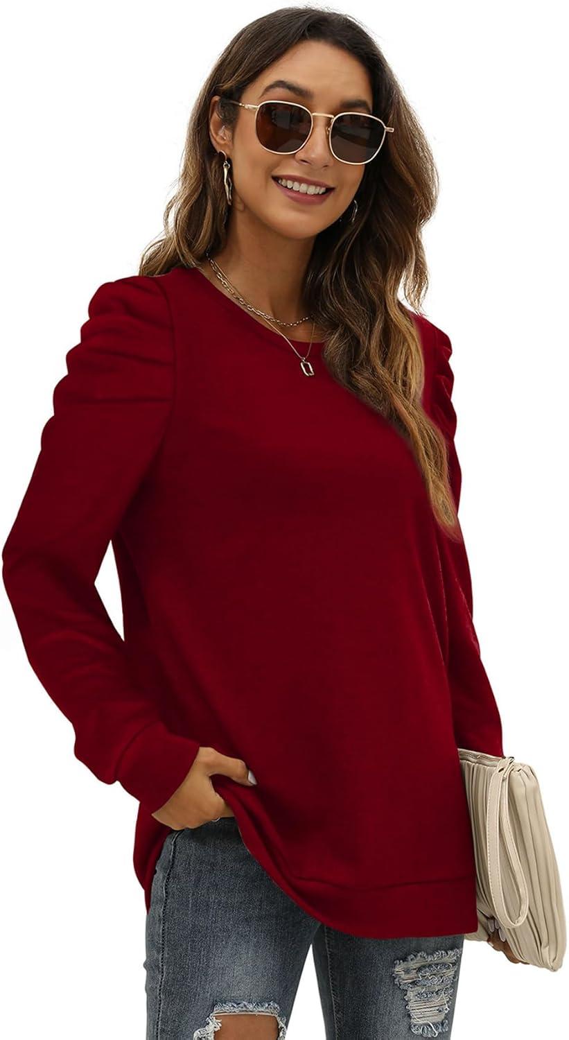 imageXIEERDUO Long Sleeve Shirts for Women Puff Sleeve Tops Pullover Sweaters Fall Fashion Womens Clothing Loose Fit01adark Red