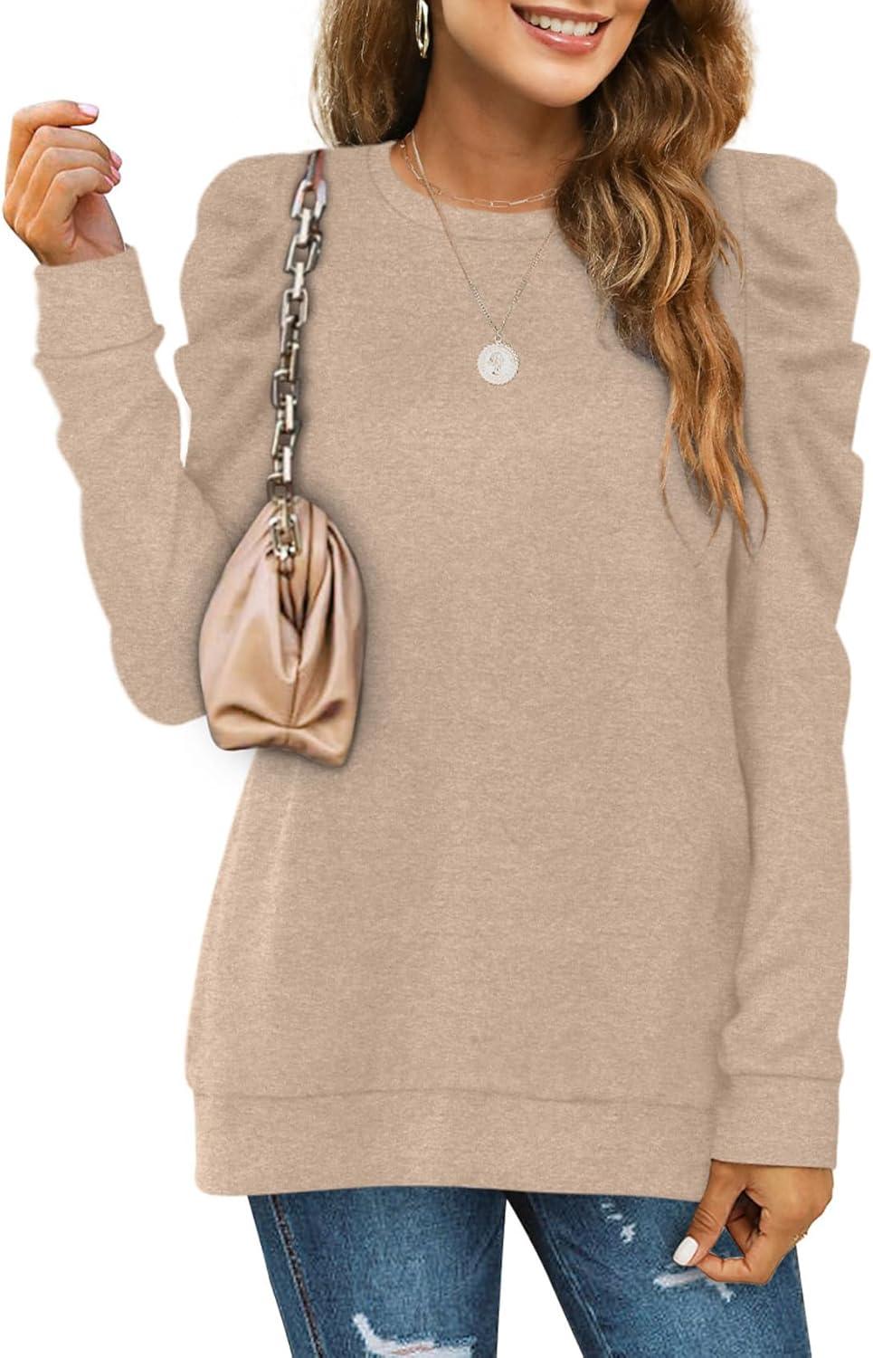 imageXIEERDUO Long Sleeve Shirts for Women Puff Sleeve Tops Pullover Sweaters Fall Fashion Womens Clothing Loose Fit01akhaki