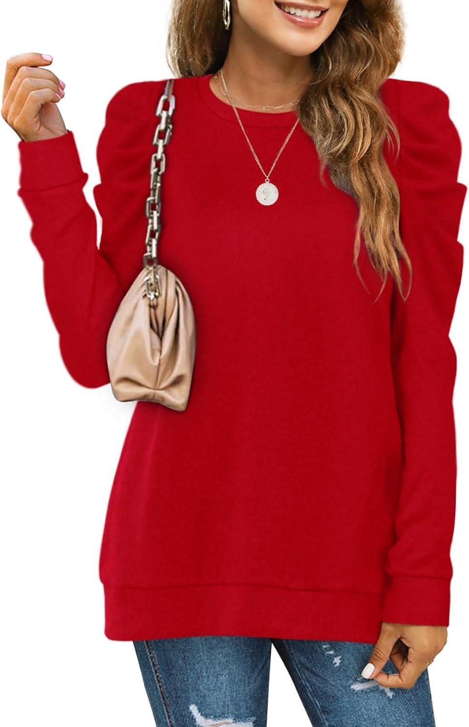 imageXIEERDUO Long Sleeve Shirts for Women Puff Sleeve Tops Pullover Sweaters Fall Fashion Womens Clothing Loose Fit01alight Red