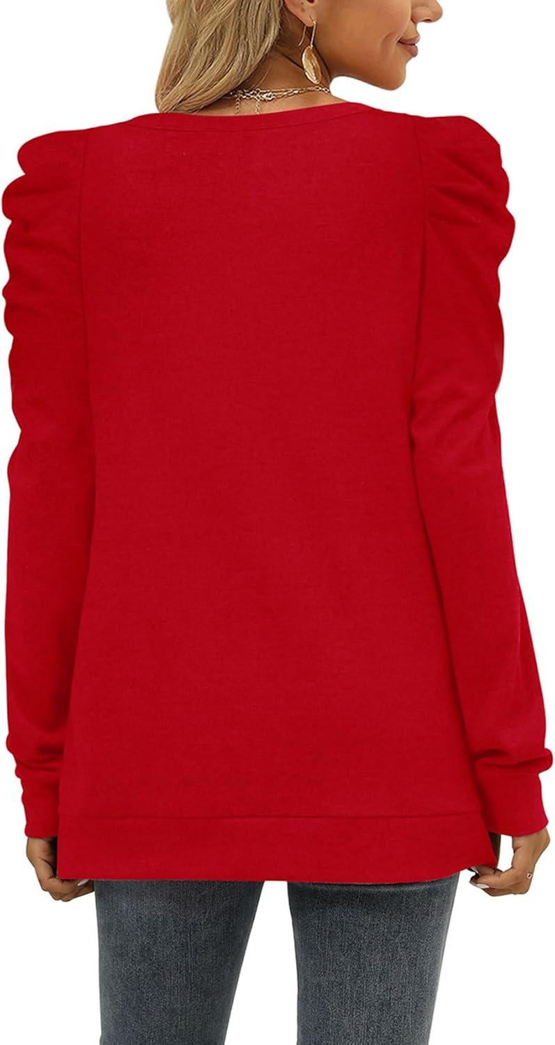 imageXIEERDUO Long Sleeve Shirts for Women Puff Sleeve Tops Pullover Sweaters Fall Fashion Womens Clothing Loose Fit01alight Red