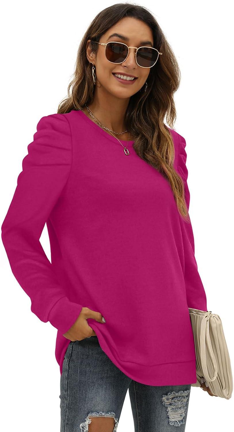 imageXIEERDUO Long Sleeve Shirts for Women Puff Sleeve Tops Pullover Sweaters Fall Fashion Womens Clothing Loose Fit04adeep Pink