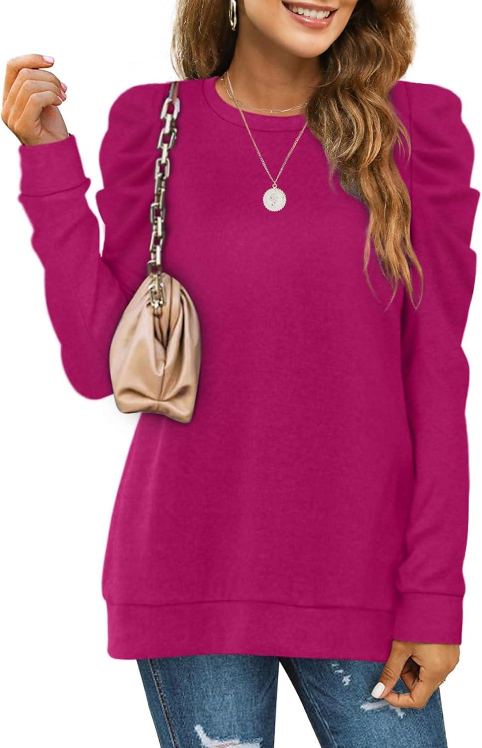 imageXIEERDUO Long Sleeve Shirts for Women Puff Sleeve Tops Pullover Sweaters Fall Fashion Womens Clothing Loose Fit04adeep Pink