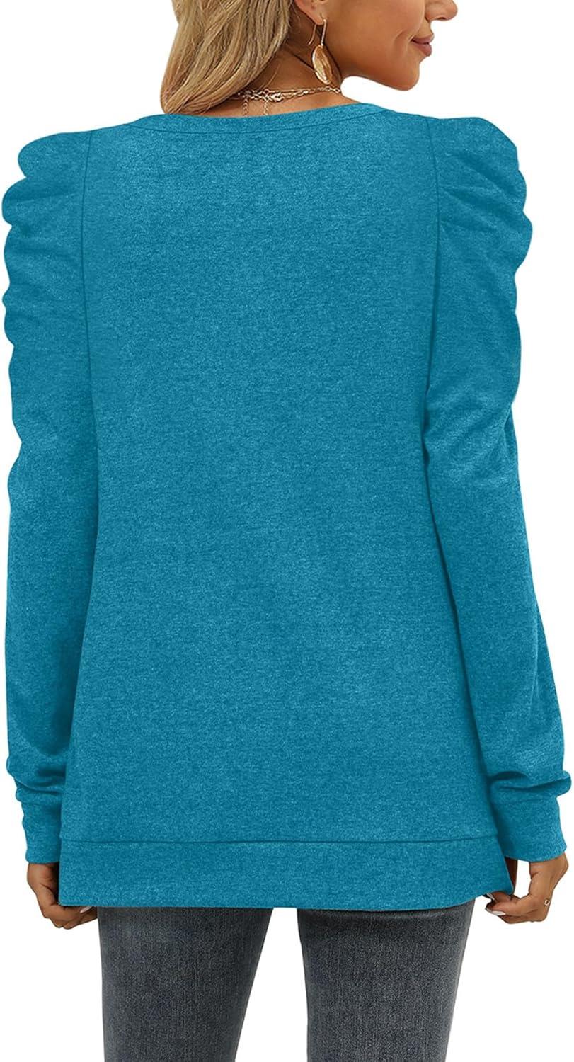 imageXIEERDUO Long Sleeve Shirts for Women Puff Sleeve Tops Pullover Sweaters Fall Fashion Womens Clothing Loose Fit04adeep Sky Blue