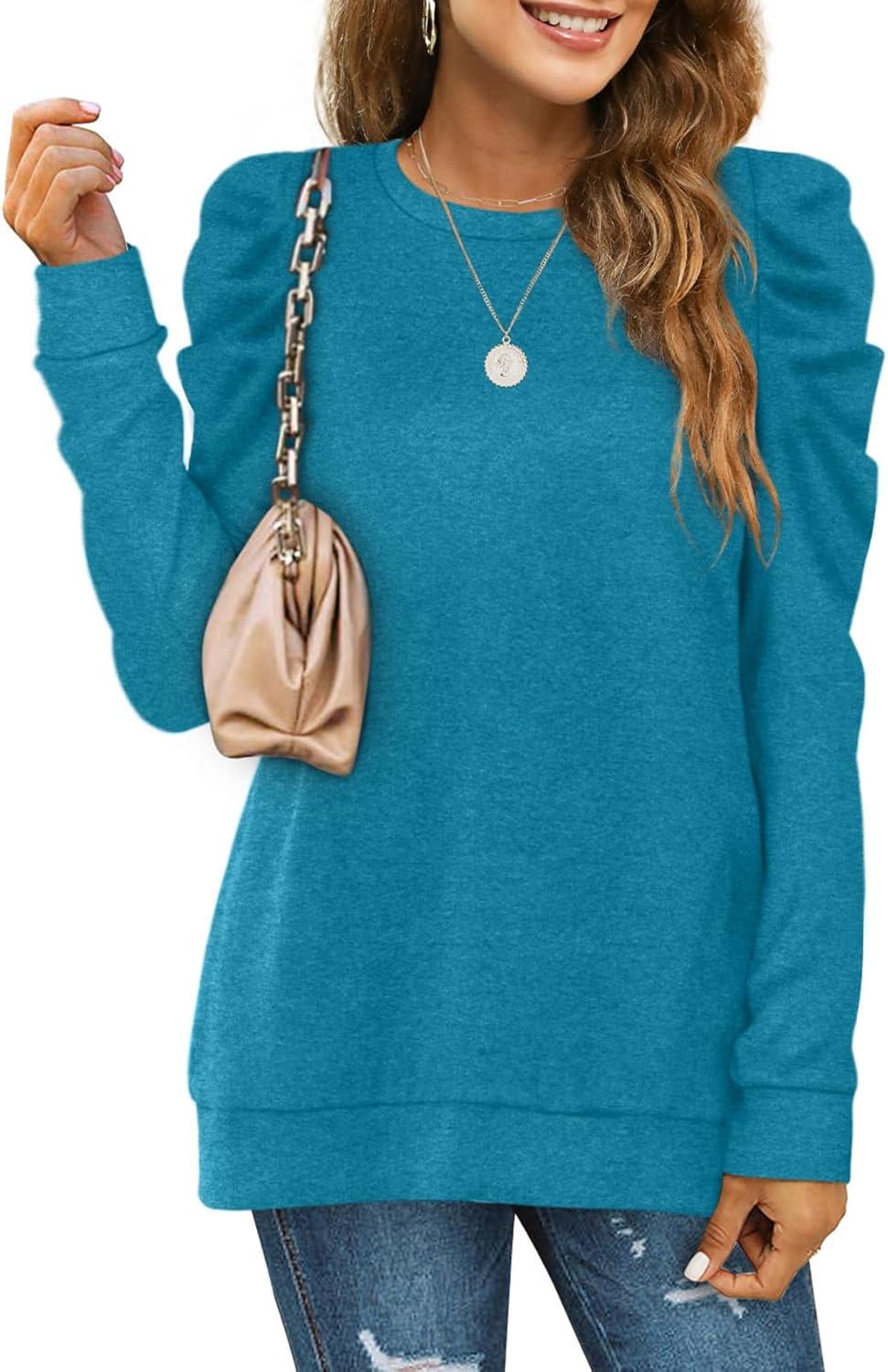 imageXIEERDUO Long Sleeve Shirts for Women Puff Sleeve Tops Pullover Sweaters Fall Fashion Womens Clothing Loose Fit04adeep Sky Blue