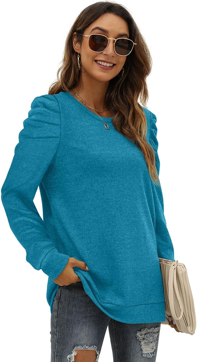 imageXIEERDUO Long Sleeve Shirts for Women Puff Sleeve Tops Pullover Sweaters Fall Fashion Womens Clothing Loose Fit04adeep Sky Blue