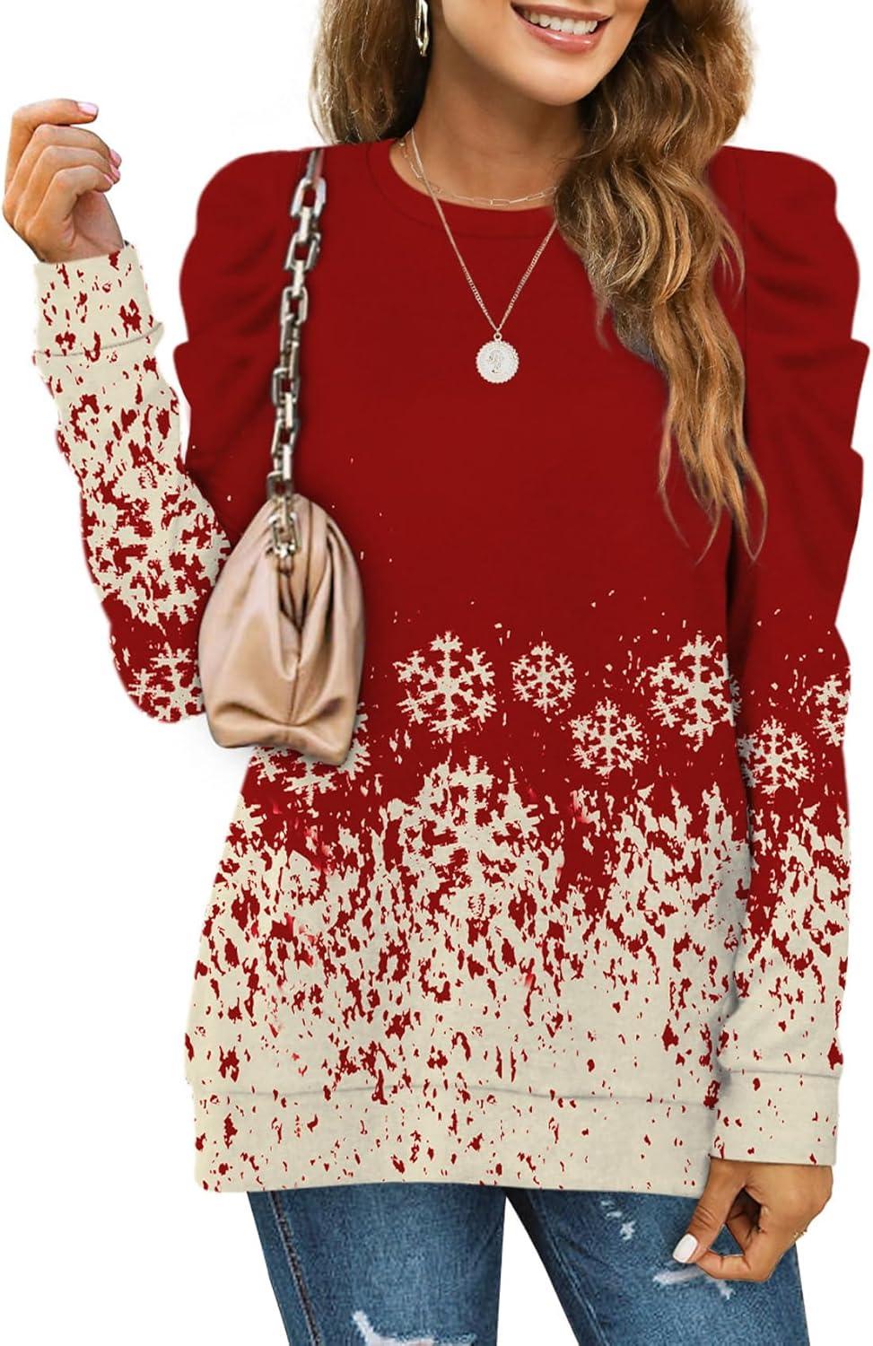 imageXIEERDUO Long Sleeve Shirts for Women Puff Sleeve Tops Pullover Sweaters Fall Fashion Womens Clothing Loose Fit04bsnowflake