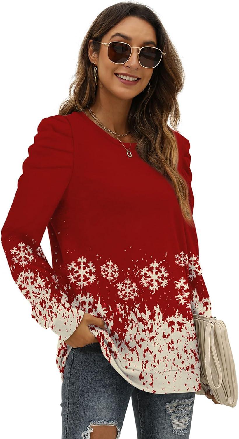 imageXIEERDUO Long Sleeve Shirts for Women Puff Sleeve Tops Pullover Sweaters Fall Fashion Womens Clothing Loose Fit04bsnowflake