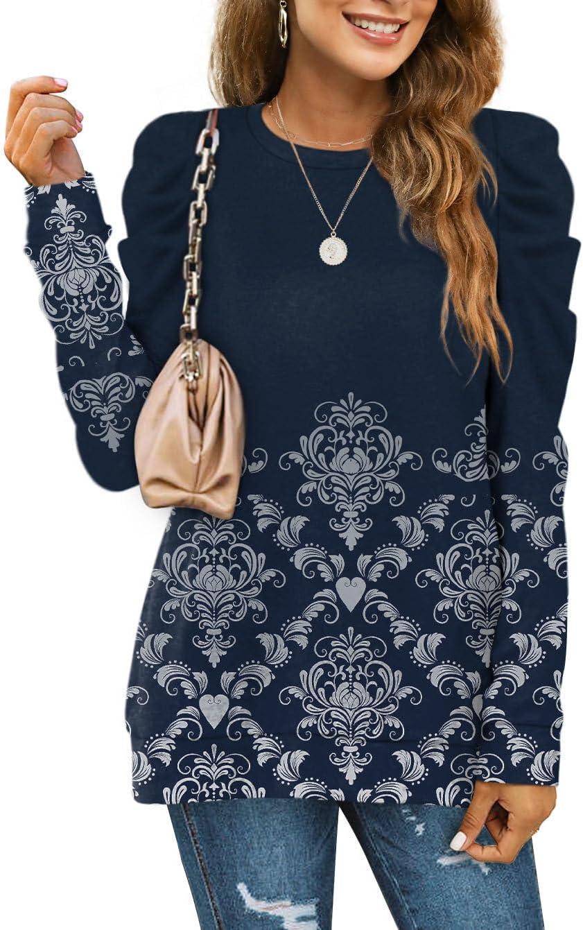 imageXIEERDUO Long Sleeve Shirts for Women Puff Sleeve Tops Pullover Sweaters Fall Fashion Womens Clothing Loose FitZ Floral Navy