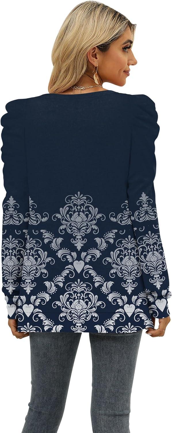 imageXIEERDUO Long Sleeve Shirts for Women Puff Sleeve Tops Pullover Sweaters Fall Fashion Womens Clothing Loose FitZ Floral Navy