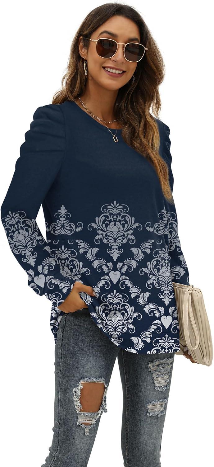 imageXIEERDUO Long Sleeve Shirts for Women Puff Sleeve Tops Pullover Sweaters Fall Fashion Womens Clothing Loose FitZ Floral Navy